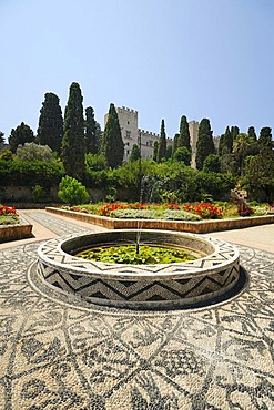 Gardens with the Palace of the Grand Master at back, Rhodes Town, Rhodes, Greece, Europe