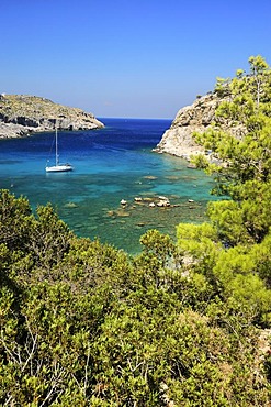 Anthony Quinn Bay with sailing ship, Faliraki, Rhodes, Greece, Europe