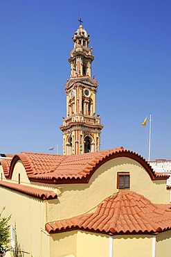 Tower, Monastery Taxiarchis Michael Panormitis, Symi island near Rhodes, Greece, Europe