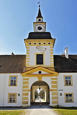 Entrance with tower clock, Altes Schloss Schleissheim Palace, near Munich, Bavaria, Germany, Europe