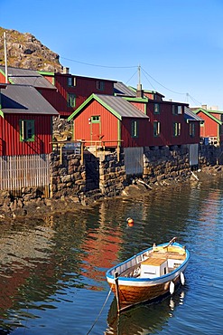 Fishing cabins with boat, Stamsund, Lofoten, Norway, Europe