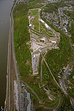 Aerial view, Festung Ehrenbreitstein fortress, Bundesgartenschau 2011, Federal Garden Show 2011, "Koblenz verwandelt", German for "Koblenz transforms", April to October 2011, Koblenz, Rhineland-Palatine, Germany, Europe