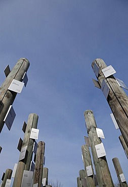 Posts with name tags of Jewish prisoners, memorial at Hessental Concentration Camp, Schwaebisch Hall, Baden-Wuerttemberg, Germany, Europe