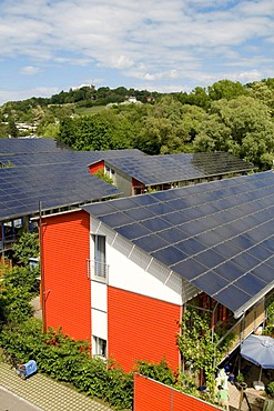 Passive solar houses with solar collectors on the roofs, by architect Rolf Disch, Vauban district, Freiburg im Breisgau, Baden-Wuerttemberg, Germany, Europe