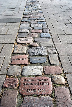 Spur II, installation, cobblestones with names reminiscent of people who have died of AIDS, part of the project Denkraum, thinking space, stones and names from the German AIDS Foundation, inner city Essen, North Rhine-Westphalia, Germany, Europe