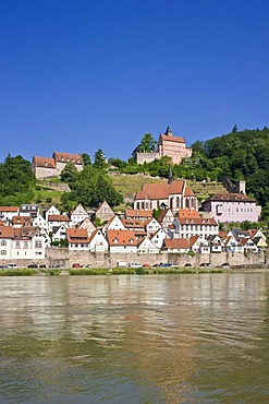 Cityscape with the Neckar River, Hirschhorn, Neckartal-Odenwald Nature Reserve, Hesse, Germany, Europe