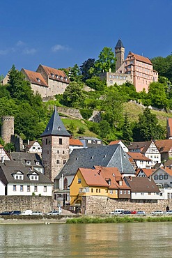 Cityscape with the Market Church, the Castle and the Neckar River, Hirschhorn, Neckartal-Odenwald Nature Reserve, Hesse, Germany, Europe