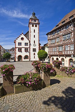 Market square with town call, Mosbach, Odenwald, Rhein-Neckar-Kreis district, Baden-Wuerttemberg, Germany, Europe