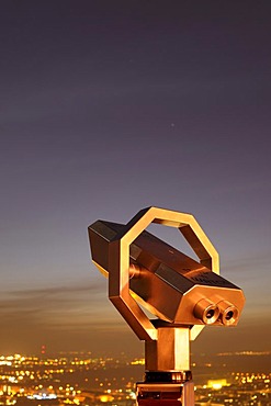 Telescope and view of the city in the evening, Leipzig, Saxony, Germany, Europe