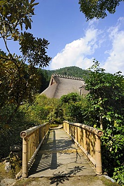 Bamboo bridge to a thatched tea house in Ohara near Kyoto, Japan, East Asia, Asia