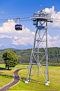 Rittner cable cars on Ritten mountain in front of the Rosengarten Group, Alto Adige, Italy, Europe