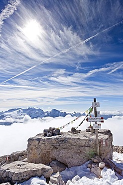 Ascent of Piz Boe Mountain on the Piazzetta Climbing Route with Marmolada Mountain in the distance, Dolomites, Alto Adige, Italy, Europe