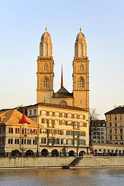 The twin towers of the Grossmuenster great minster in the old town of Zurich, Canton Zurich, Switzerland, Europe