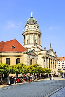 French Church of Friedrichstadt, French Cathedral and a beer garden on Gendarmenmarkt square in Berlin, Germany, Europe