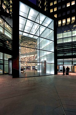 Main entrance and portal of the renovated Deutsche Bank at night, Frankfurt am Main, Hesse, Germany, Europe