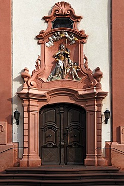 Entrance portal of the Catholic parish church of St. Alexius, 1754, Hauptstrasse street, Herbolzheim, Baden-Wuerttemberg, Germany, Europe