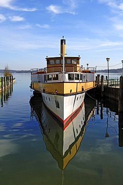 Old paddle steamer "Ludwig Fessler", built in 1926, anchoring in the harbor of Stock near Prien, Bavaria, Germany, Europe