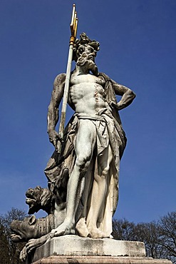 Sculpture of Hades, with Cerberus or Kerberos at his feet, Schloss Nymphenburg Palace, Schlossrondell, Munich, Bavaria, Germany, Europe