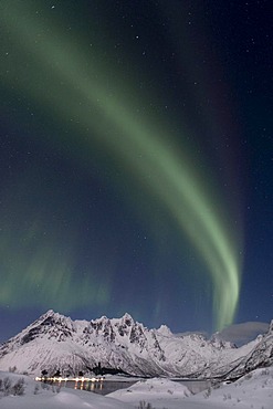 Northern lights, aurora borealis, Austnesfjorden, Island of AustvÂgoya, Lofoten Islands, Northern Norway, Norway, Europe