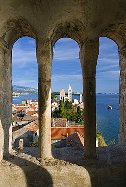 Bell towers of the churches of St. Justin, St. Mary and the St. Andrew's monastery, Rab, Rab island, Kvarner Gulf, Croatia, Europe