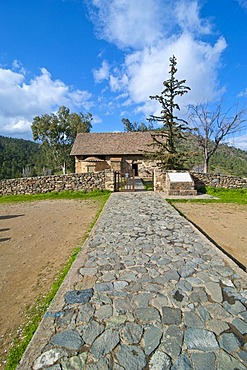 One of the painted Greek-Orthodox barn-roofed churches in the UNESCO World Heritage Region of Troodos, Troodos Mountains, Cyprus