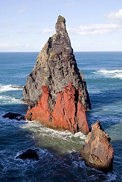 Lava rock cliffs on the Atlantic coast, peninsular and nature reserve Ponta de Sao Lourenco, in Canical, Madeira, Portugal, Europe