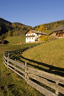 Traditional houses, Village, Santa Maddalena, Val di Funes, Dolomites, Bolzano province, Trentino-Alto Adige, Italy, Europe