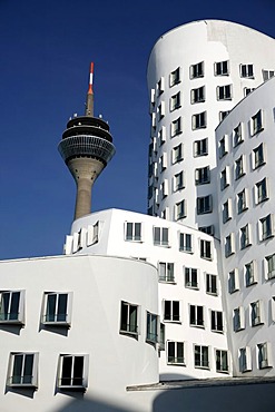 Rheinturm radio and tv tower and Gehry-Haus building, Medienhafen media harbour, Duesseldorf, North Rhine-Westphalia, Germany, Europe