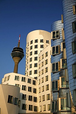 Rheinturm radio and tv tower and Gehry-Haus building, Medienhafen media harbour, Duesseldorf, North Rhine-Westphalia, Germany, Europe