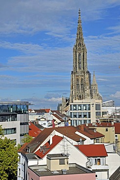 Ulm Minster, the steeple measuring 161.53 meters is the tallest church tower in the world, Aerztehaus building in front of it, Ulm, Baden-Wuerttemberg, Germany, Europe