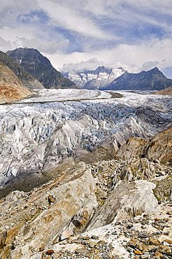 Aletsch Glacier in front of the Gross Wannenhorn and Klein Wannenhorn Mountains, Bernese Alps, Valais, Switzerland, Europe