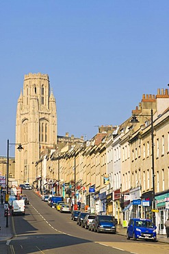 Park Street with The Wills Memorial Building, Wills Memorial Tower, uniformly stepped hillside terracing, Bristol, Gloucestershire, England, United Kingdom, Europe