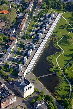 Aerial view, Zeche Vereinigte Rheinelbe & Alma, Rheinelbe 6 pit at the Wissenschaftspark Science Park, Gelsenkirchen, Schachtzeichen RUHR.2010 art installation, Ruhrgebiet region, North Rhine-Westphalia, Germany, Europe