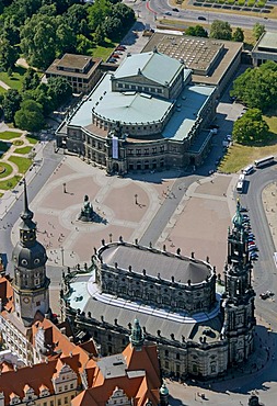 Aerial view, Semperoper opera house, Hofkirche church, Dresden, Saxony, Germany, Europe