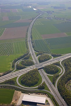 Aerial view, interchange Unna, A44 and A1 motorways, equestrian facility Reiterhof Niedermassen, Unna, Ruhrgebiet region, North Rhine-Westphalia, Germany, Europe