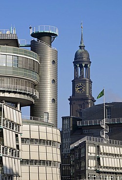 Ancient and new buildings, the tower of the "Hamburger Michel", nickname for the St. Michaelis Cathedral, behind the building of the Gruner & Jahr publishing house, Landungsbruecken, Landing Bridges, St. Pauli district, Hamburg, Germany, Europe