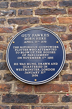 Plaque on Guy Fawkes House, York, Yorkshire, England, United Kingdom, Europe