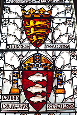 Stained glass window depicting coats of arms, The Great Hall, Winchester, Hampshire, England, United Kingdom, Europe