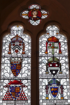 Stained glass window depicting coats of arms, The Great Hall, Winchester, Hampshire, England, United Kingdom, Europe