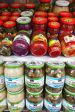 Preserved food display, Viktualienmarkt, Munich, Bavaria, Germany, Europe