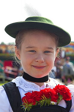 Portrait of girl in Bavarian costume, Munich, Bavaria, Germany, Europe