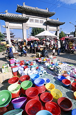 Market stall selling plastic products, Dali, Yunnan Province, China, Asia