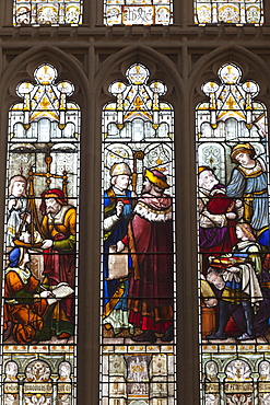 Stained glass windows depicting the weighing of silver, Guildhall, City of London, London, England, United Kingdom, Europe