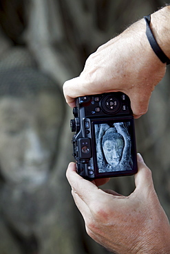 Tourist taking picture of Buddha head in Wat Mahathat, Ayutthaya Historical Park. UNESCO World Heritage Site, Ayutthaya, Thailand, Southeast Asia, Asia