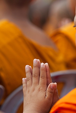 Hands of young monk praying, Ayutthaya Historical Park, Ayutthaya, Thailand, Southeast Asia, Asia