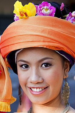 Girls in hilltribe costume, Chiang Mai Flower Festival, Chiang Mai, Thailand, Southeast Asia, Asia