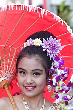 Portrait of a girl in traditional Thai dress, Chiang Mai Flower Festival, Chiangmai, Thailand, Southeast Asia, Asia