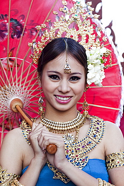 Portrait of a girl in traditional Thai dress, Chiang Mai Flower Festival, Chiangmai, Thailand, Southeast Asia, Asia