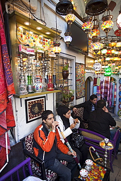 Customers smoking waterpipes in a coffee shop, Sultanahmet, Istanbul, Turkey, Europe