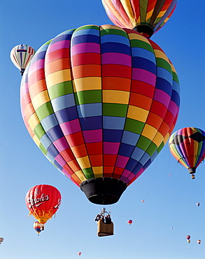 Colourful hot air balloons in blue sky, Albuquerque, New Mexico, United States of America, North America